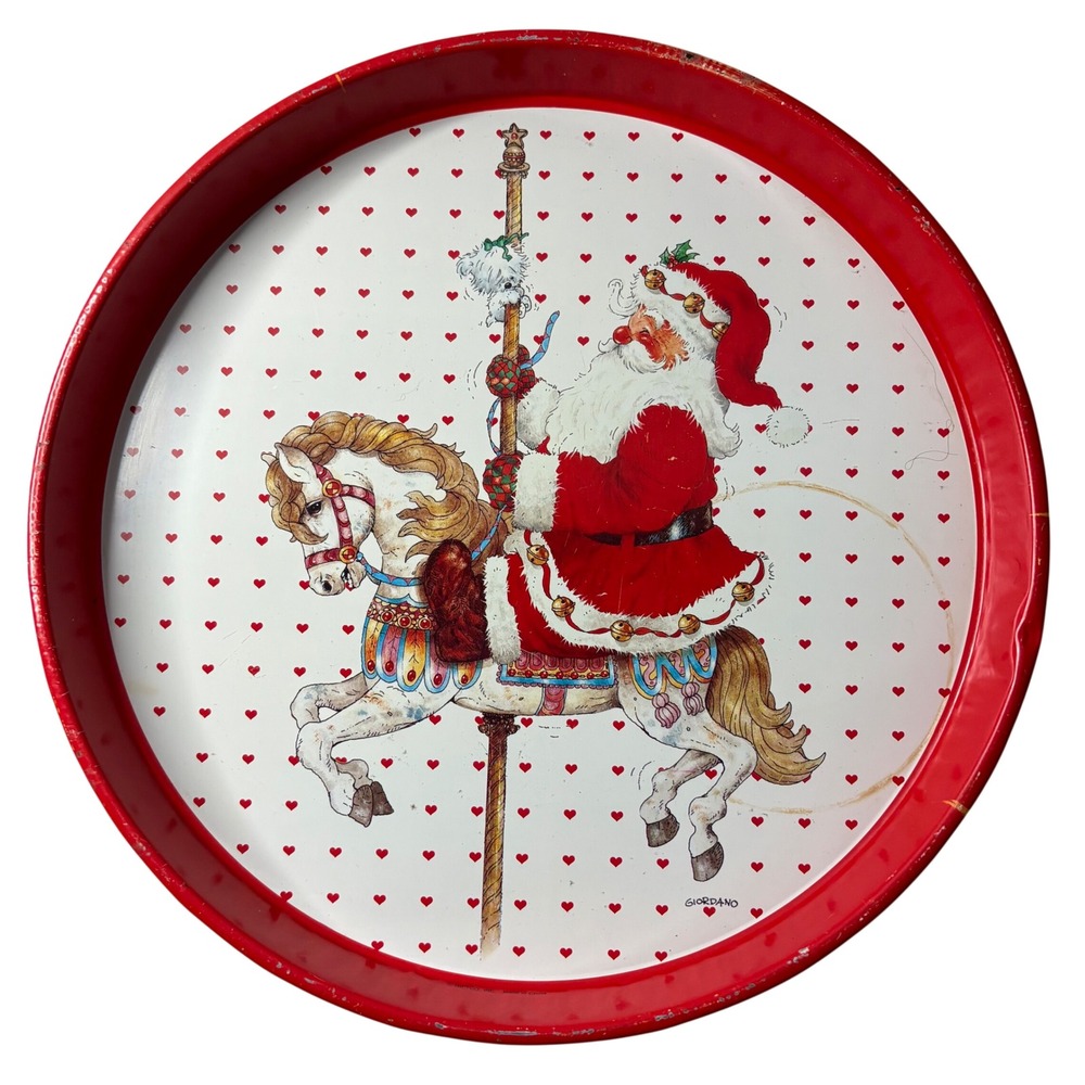 Vintage Giordano Santa Claus Carousel Horse Metal Serving Tray Red Heart Pattern